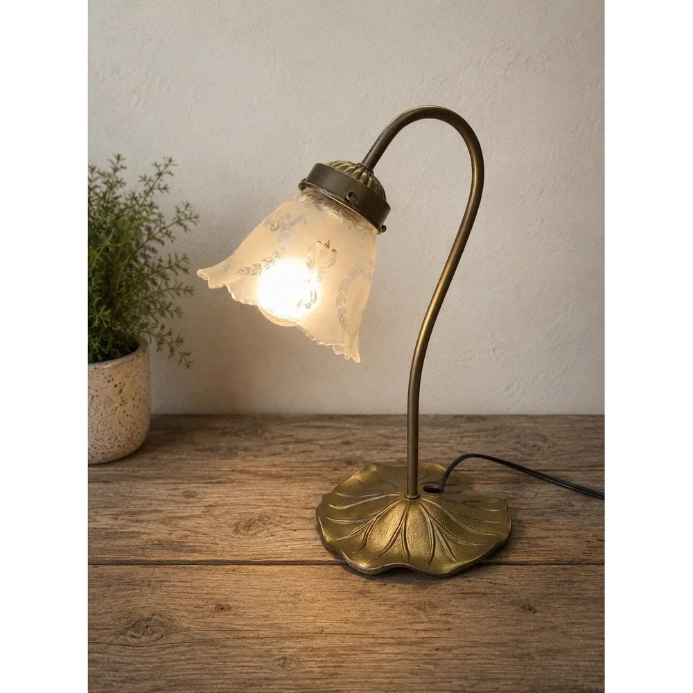 VTG Art Nouveau Brass Style Gooseneck Lily Pad Desk Lamp W/ White Frosted Shade